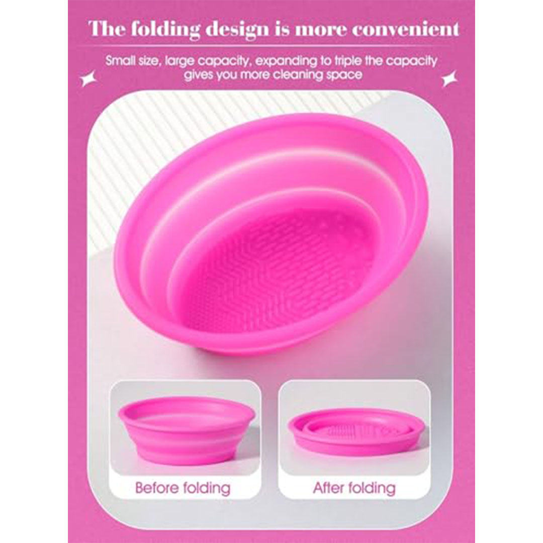 طبق قابل للطي سيليكون لتنظيف فرش وادوات المكياج - بينك