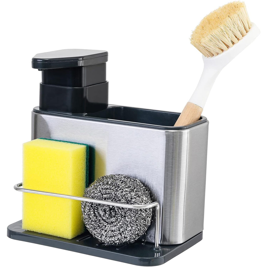 موزع صابون سائل مع صينية مانعة للتسرب - فضي / أسود