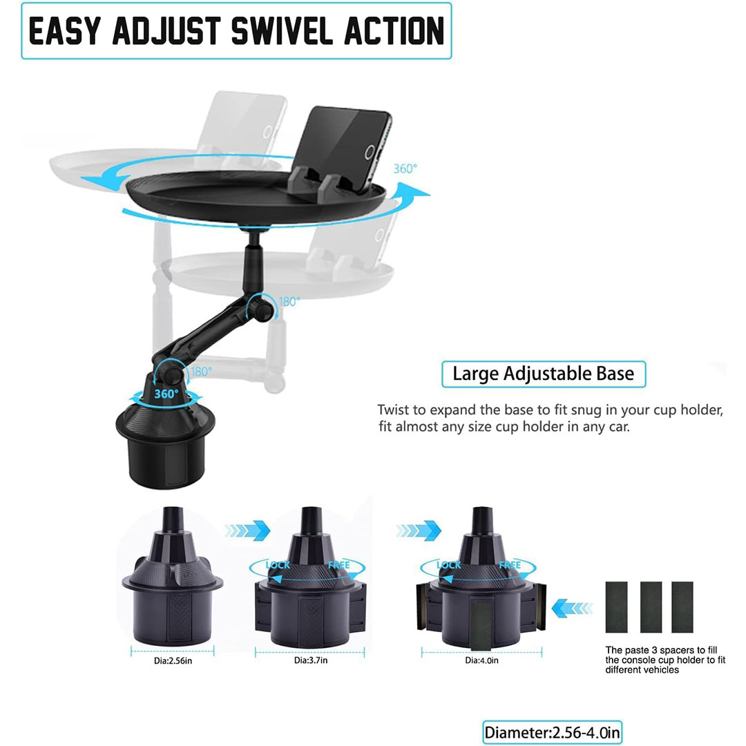 صينية حامل اكواب للسيارة مع مسند للموبايل - أسود