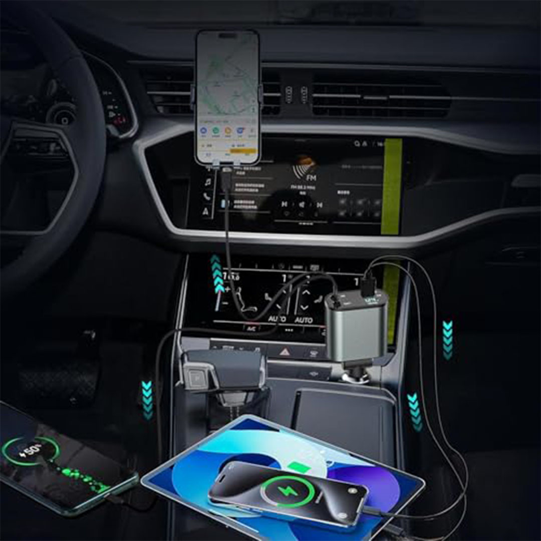 شاحن سيارة 120 واط بمنفذين Type-A وType-C مع كابل مدمج USB-C/لايتنينج