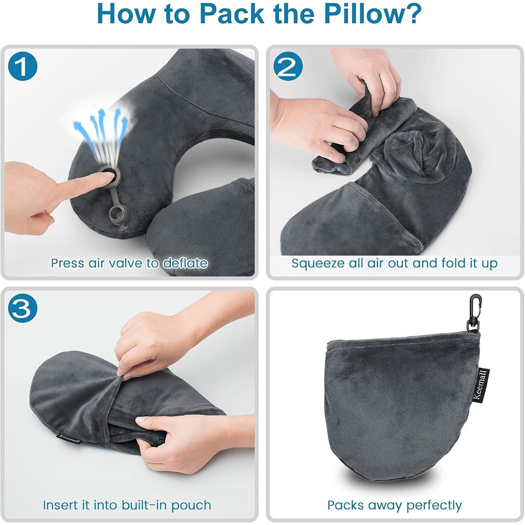 وسادة رقبة قابلة للنفخ ببطانة ناعمة مع حقيبة - أزرق