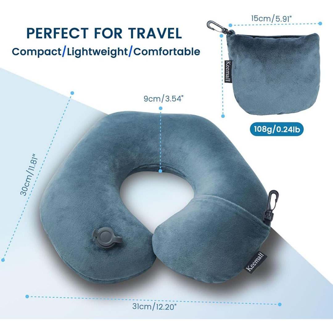 وسادة رقبة قابلة للنفخ ببطانة ناعمة مع حقيبة - أزرق