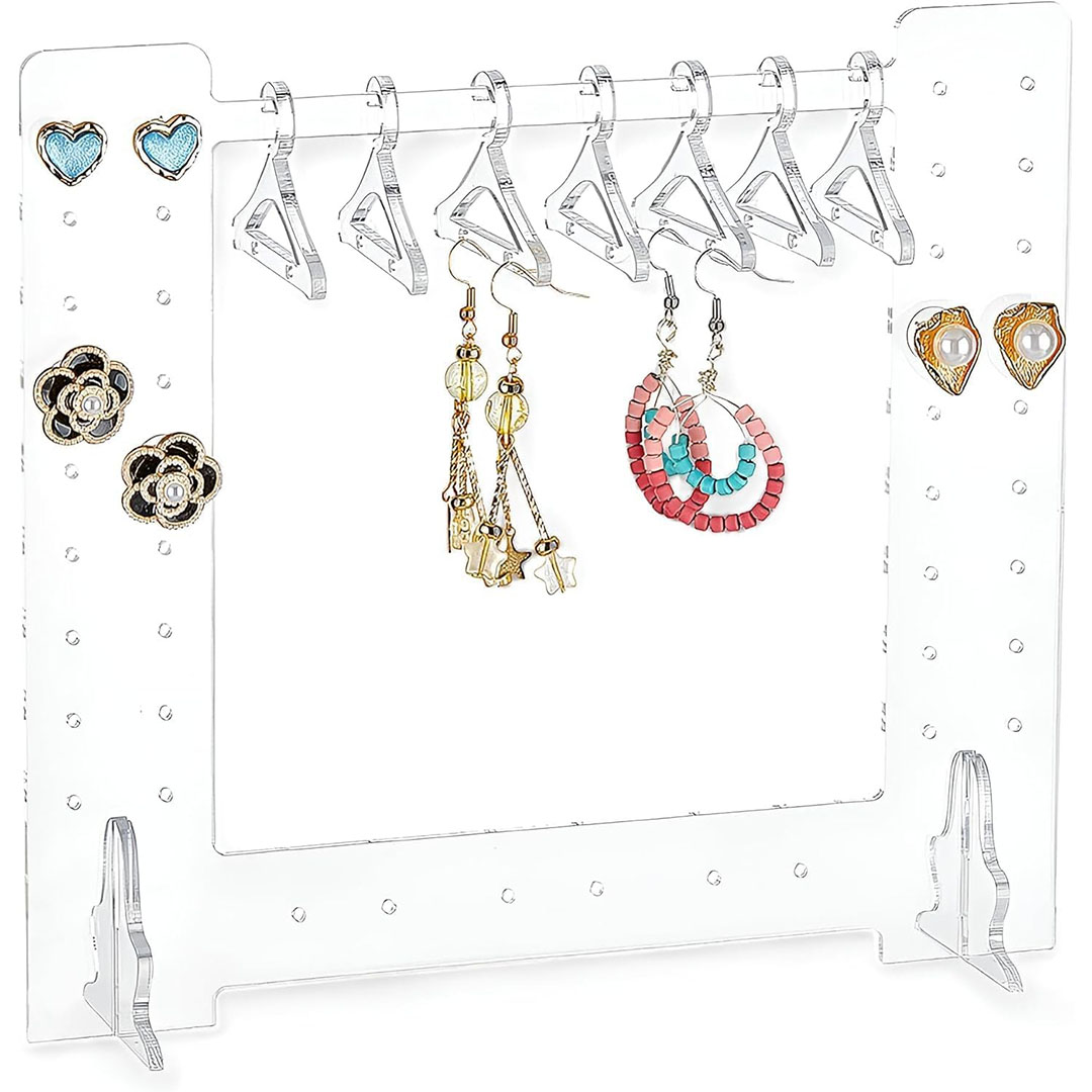 حامل أقراط اكريليك شفاف بتصميم شماعة ملابس